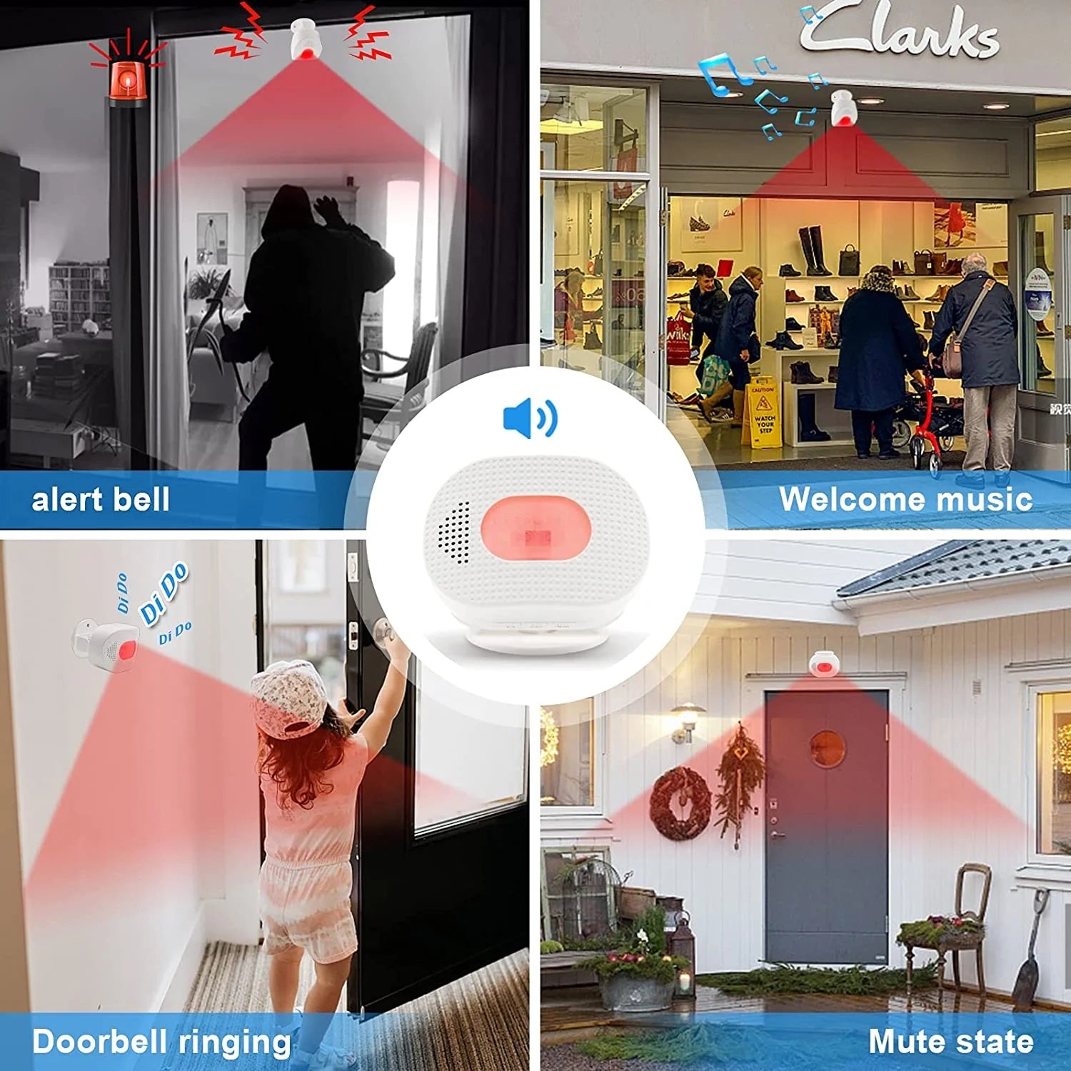 Daytech HW03 Motion Sensor Alert Device detecting movement with alert bell, welcome music, doorbell ringing, and mute state