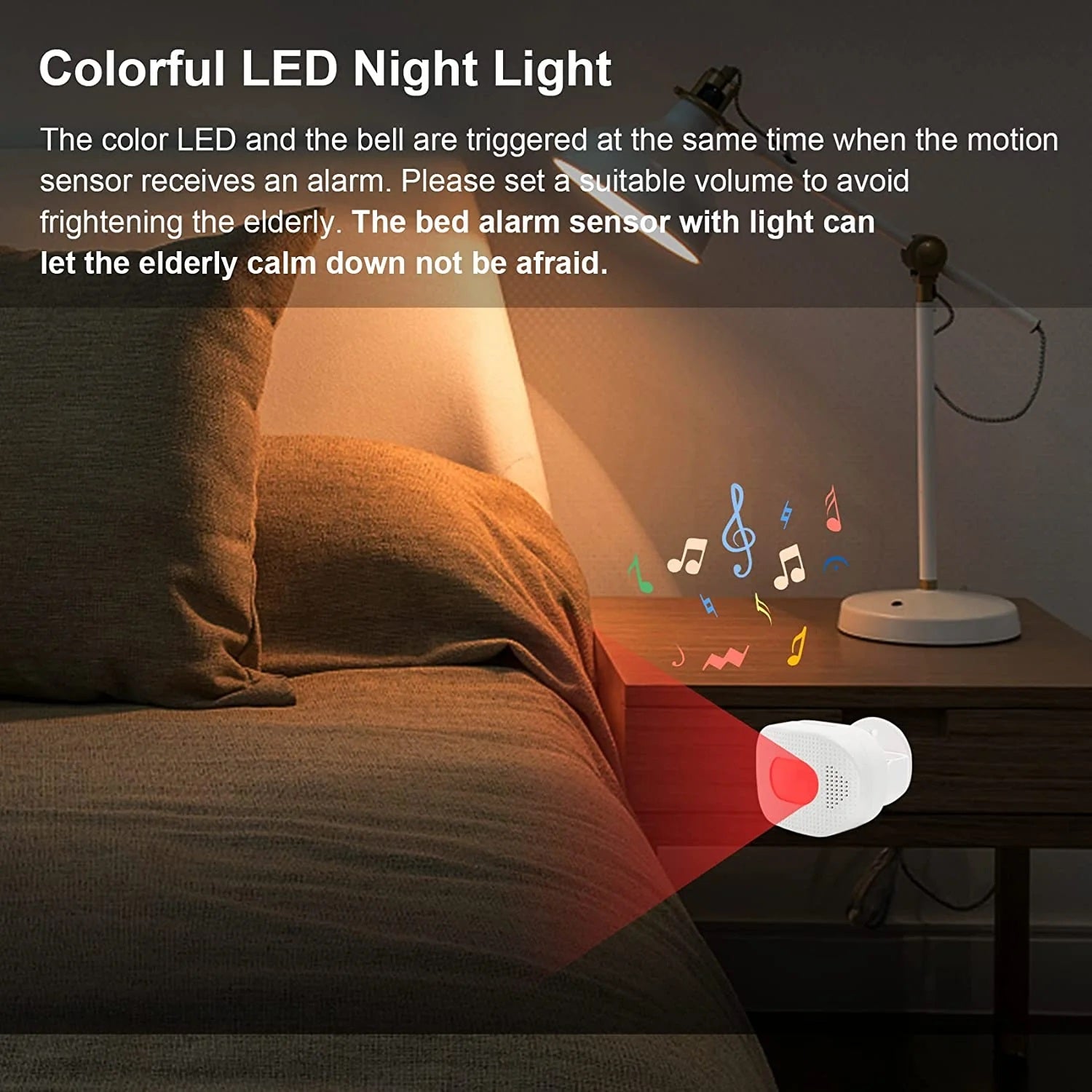Daytech HW03 Motion Sensor Alert Device with colorful LED night light by a bedside table