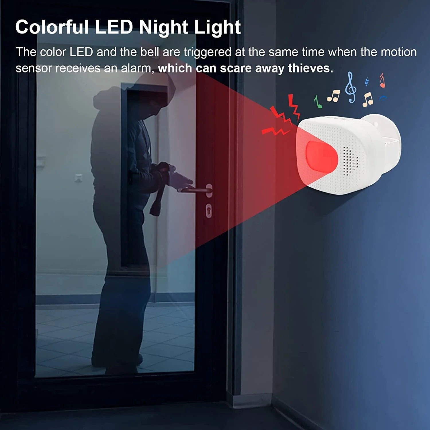 Daytech HW03 Motion Sensor Alert Device with colorful LED night light scaring away intruders