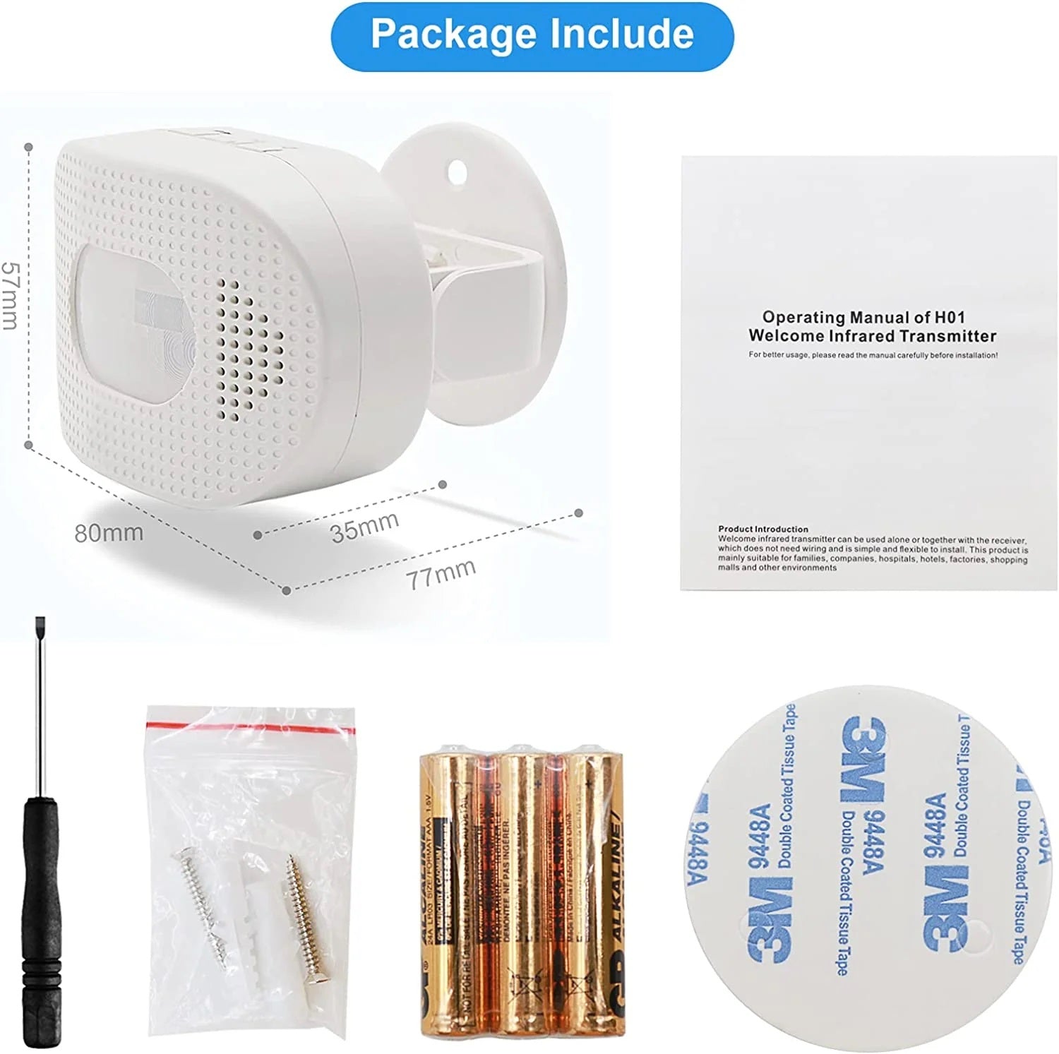 Daytech HW03 Motion Sensor Alert Device with installation kit including batteries, screws, manual, and adhesive tape