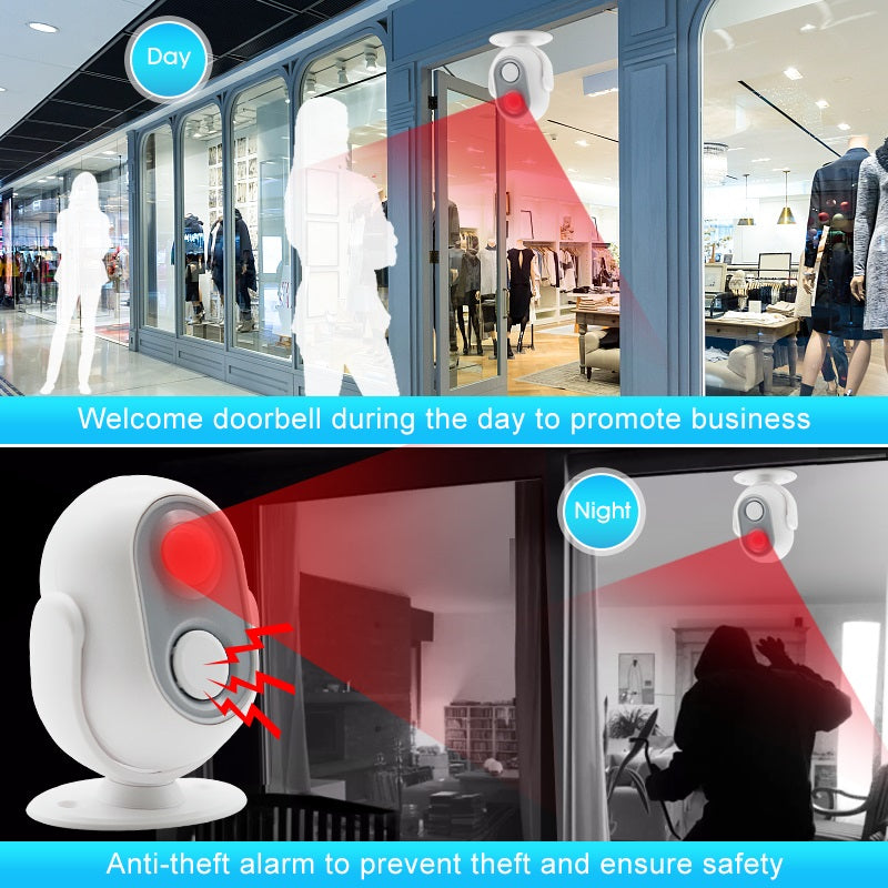 Daytech HW06 Motion Sensor Alert Device in use for day business promotion and night anti-theft safety
