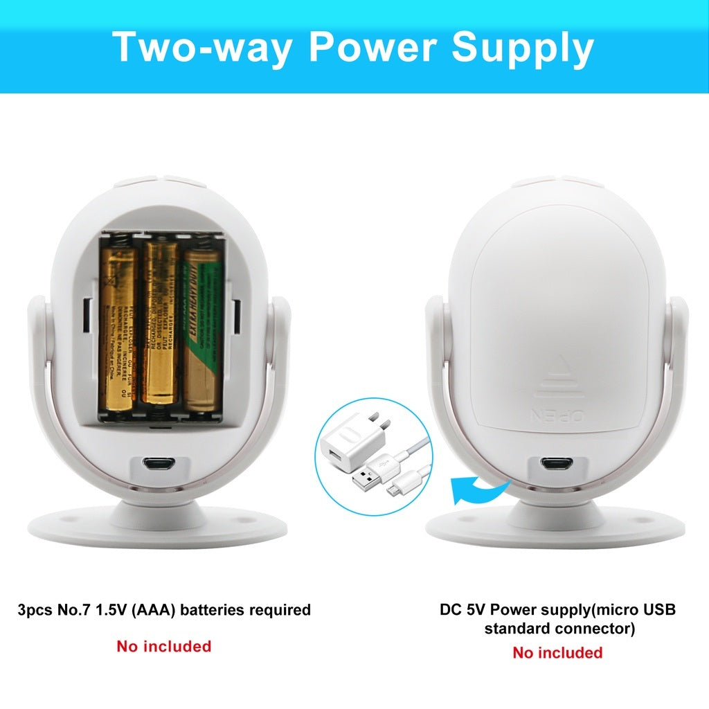 Daytech HW06 Motion Sensor Alert Device showing two-way power supply with battery and USB options