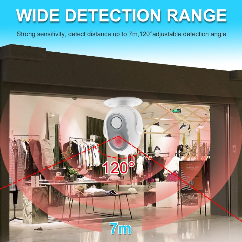 Daytech HW06 Motion Sensor Alert Device showing wide detection range with 7 meter distance and 120 degree angle