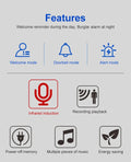 DAYTECH HW09 doorbell motion detector features including welcome mode, doorbell mode, alert mode, infrared induction, recording playback, power-off memory, music playback, and energy saving