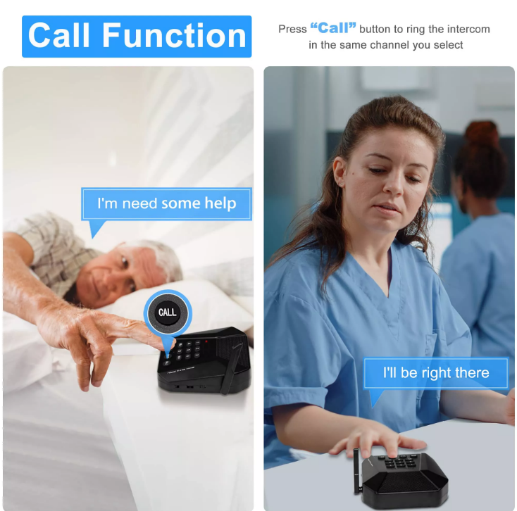 Multi Channel Intercom with Speaker showing a patient pressing call button and nurse responding