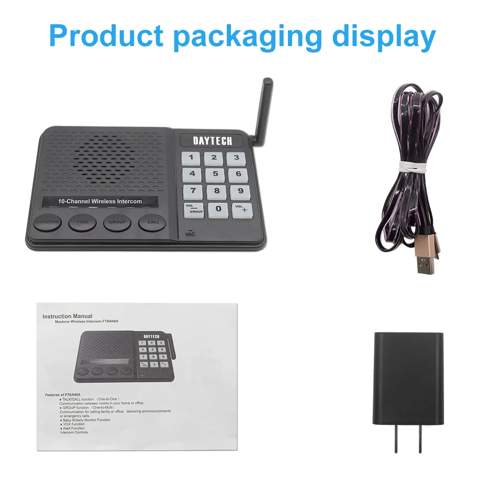 Multi Channel Intercom with Speaker showing device with keypad, USB cable, power adapter, and manual