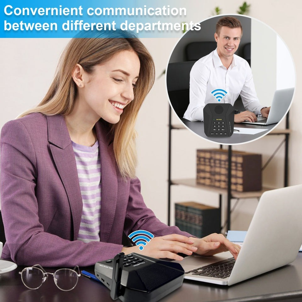 Multi Channel Intercom with Speaker on desk used by woman for communication with man