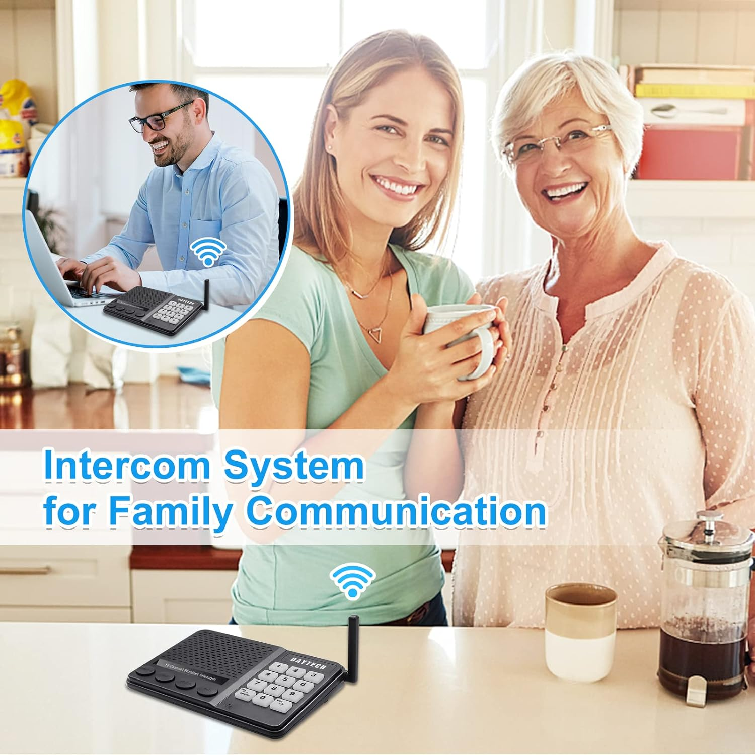 Multi channel intercom with speaker used for family communication in a kitchen setting