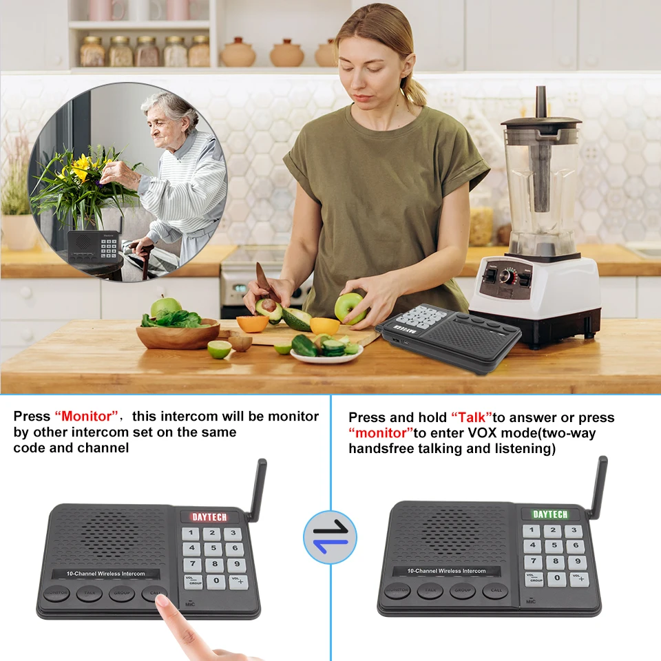 Multi Channel Intercom with Speaker showing kitchen use and elderly monitoring features