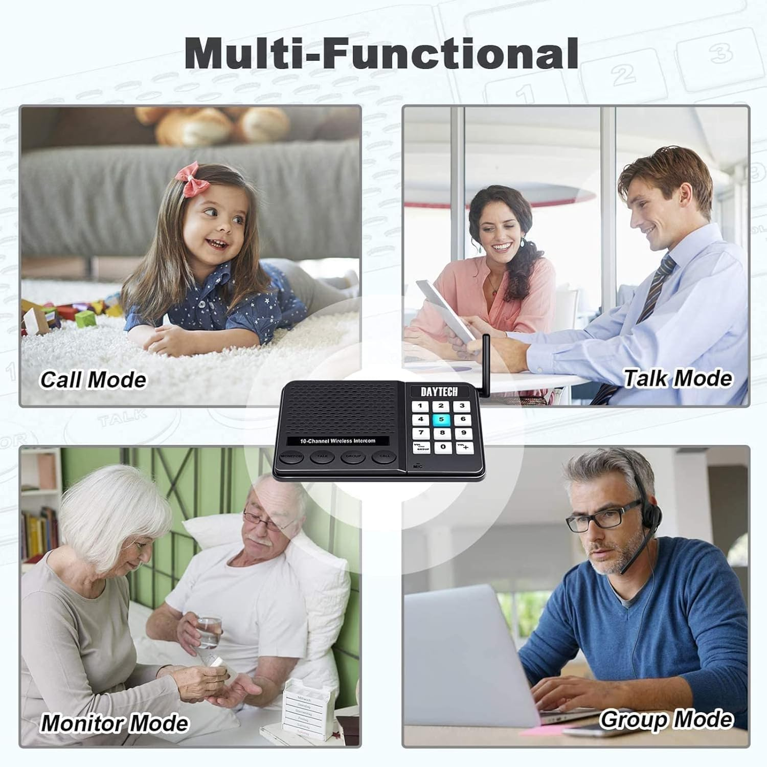 Multi channel intercom with speaker showing call, talk, monitor, and group modes in various settings