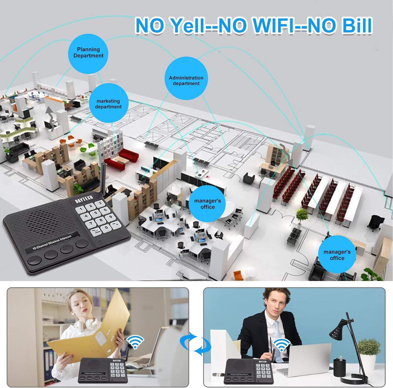 Multi Channel Intercom with Speaker showing office layout and wireless communication between departments