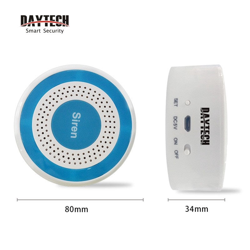 Rechargeable Siren for Office and Shop with circular blue and white design and control buttons