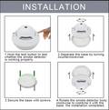 Installation steps for DAYTECH SM06TA smoke detector showing testing, base removal, securing base with screws, and attaching detector body