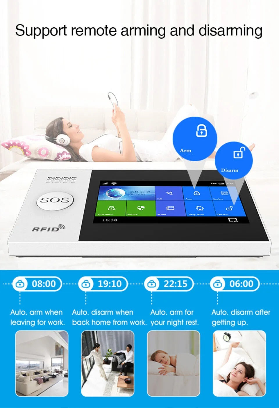 DAYTECH TA04 Alarm System touchscreen panel showing remote arming and disarming features