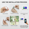 DAYTECH TA04 Alarm System installation process showing battery installation, sensor placement, and mobile app notification
