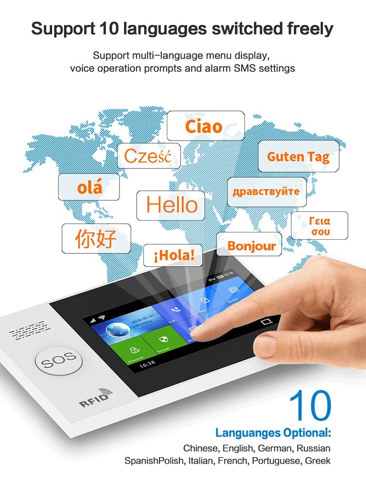 DAYTECH TA04 Alarm System touchscreen panel showing multi-language support with 10 language options