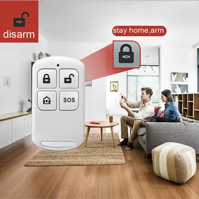 DAYTECH TA04 Alarm System remote control with lock and SOS buttons in modern living room