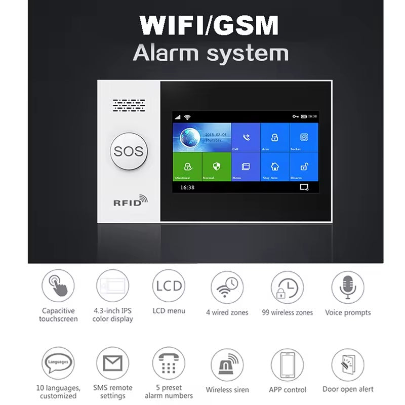 DAYTECH TA04 Alarm System with WiFi GSM, 4.3 inch touchscreen, RFID, and voice prompts