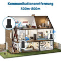 Waterproof two way communication doorbell showing intercom range across a multi-story house