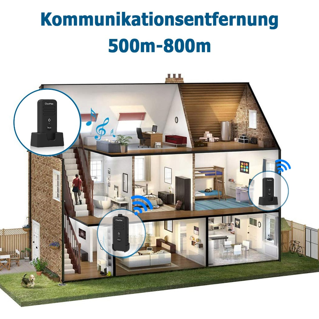Waterproof two way communication doorbell showing intercom range across a multi-story house