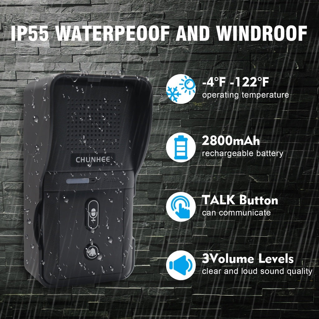 Waterproof two way communication doorbell with IP55 rating and rechargeable battery