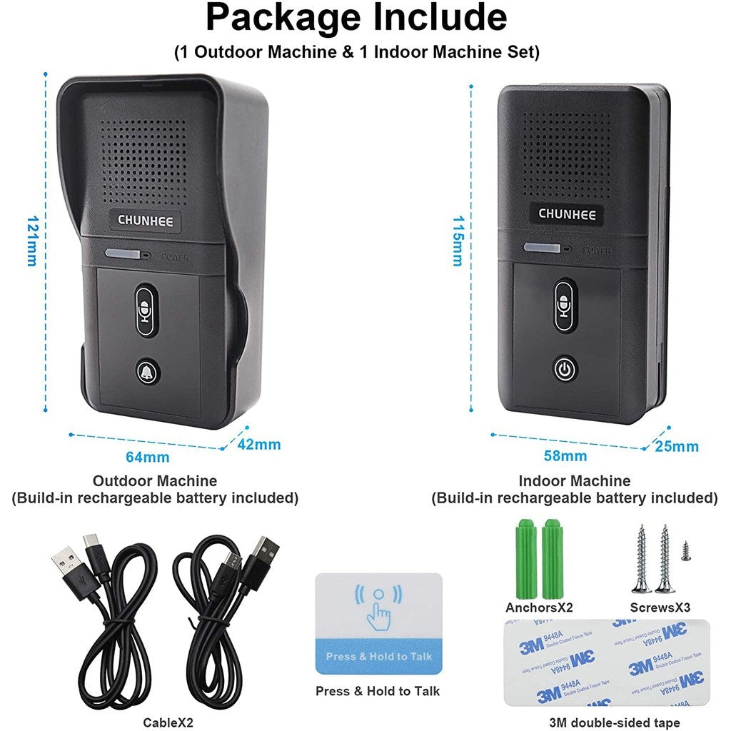 Waterproof Two Way Communication Doorbell intercom set with outdoor and indoor units and accessories