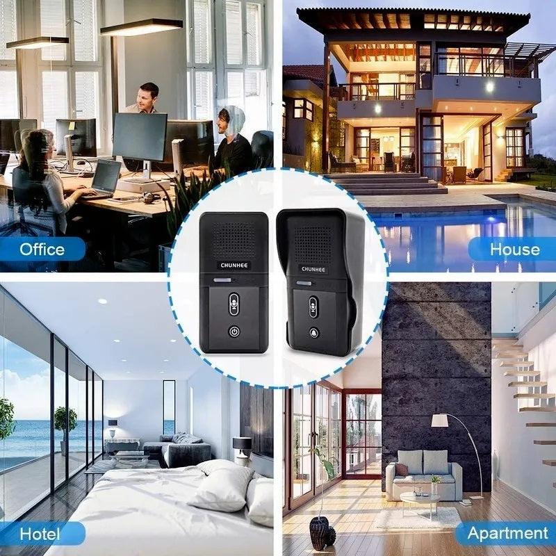 Waterproof Two Way Communication Doorbell shown for use in office, house, hotel, and apartment settings