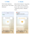 Home security alarm system WiFi smoke detector app screen showing no smoke alarm and smoke detected alerts
