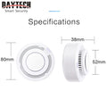 Wifi Smoke Detector with detailed front and side views showing dimensions 80mm by 38mm by 52mm