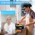 wireless caregiver pager system emergency buzzer worn by woman cooking and elderly woman holding call button