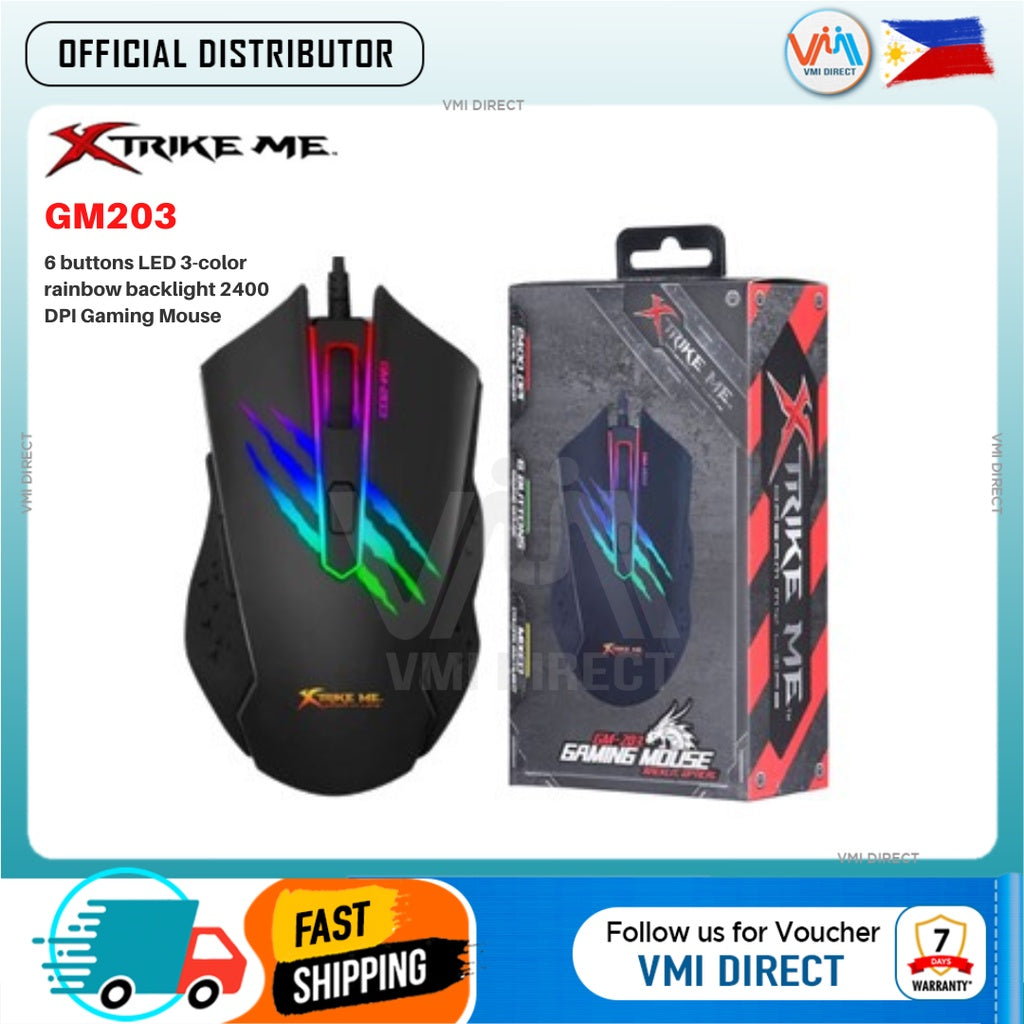 Xtrike Me GM203 LED High-profile design with full palm and thumb support, 3-color rainbow backlight with breathing effect, 6 button wired PC, Laptop Gaming Mouse with Cable switches uses light beam-based actuatio VMI Direct