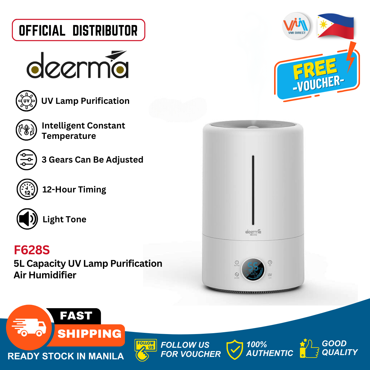 Deerma F628S 5L Capacity UV Lamp Sterilization Humidifier with 12-Hour Timing and Adjustable Gears