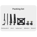 VMIDirect Desktop Setup Stand packing list with two desktop poles, two arm mounts, laptop tray, two ball heads, and a wrench