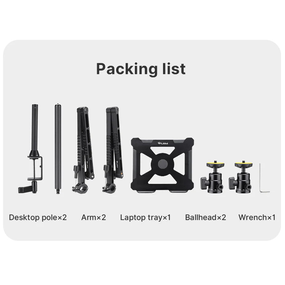 VMIDirect Desktop Setup Stand packing list with two desktop poles, two arm mounts, laptop tray, two ball heads, and a wrench