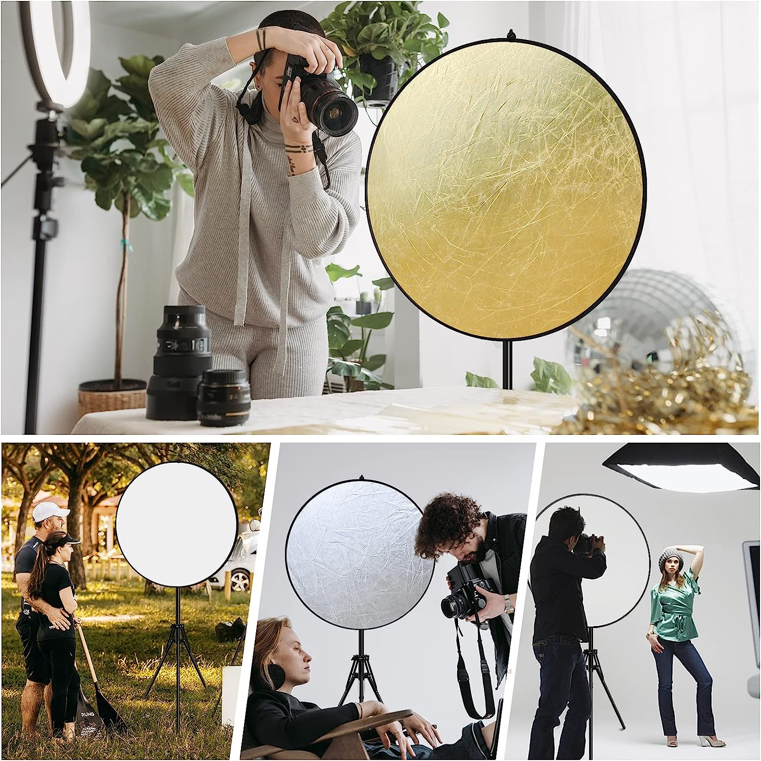 VMIDirect Diffuser Light Reflector with gold and silver surfaces for professional photography lighting