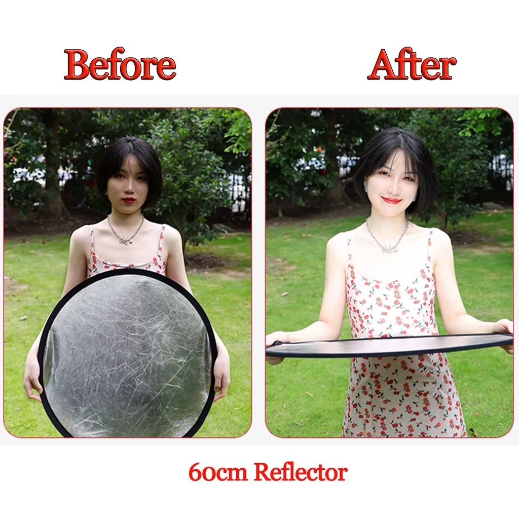Before and after photos using the 60cm Diffuser Light Reflector for enhanced lighting effects