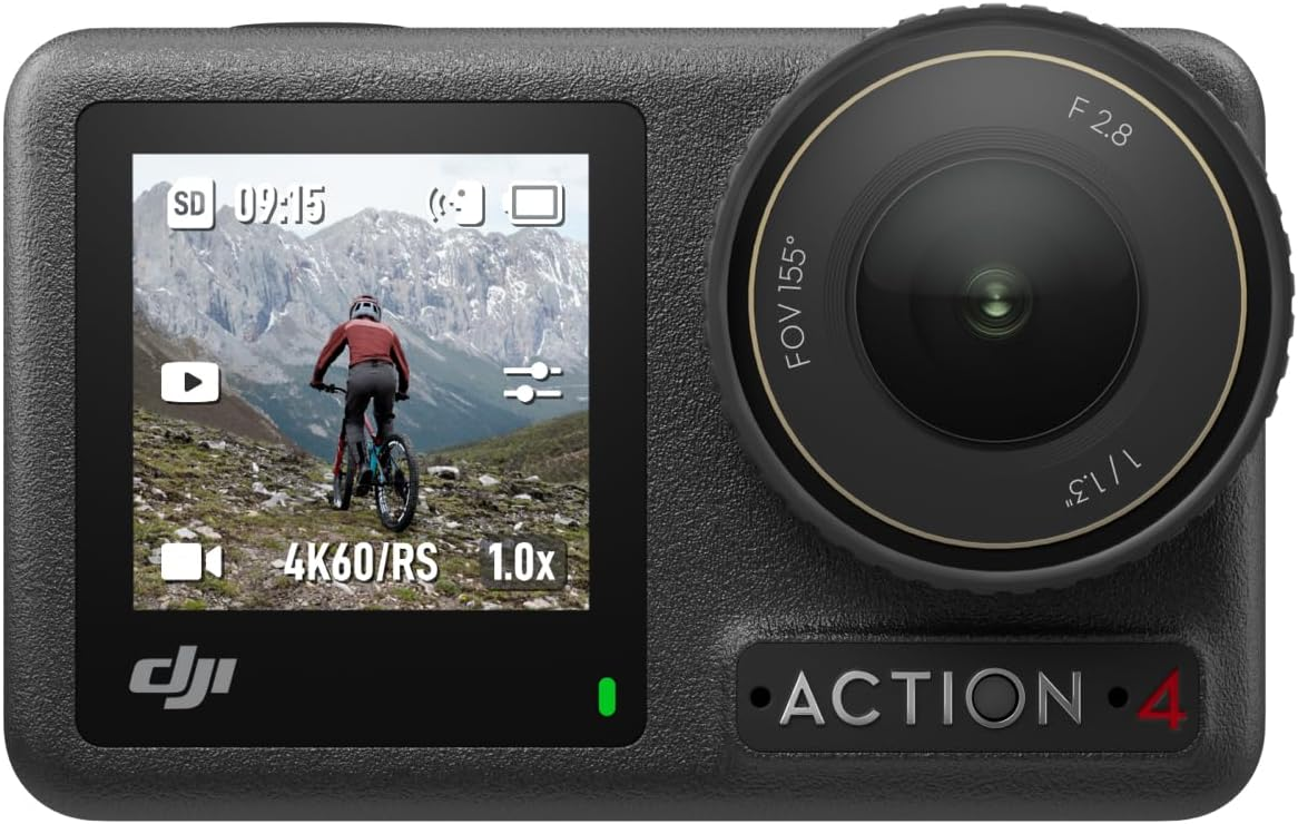 DJI Action 4 Camera featuring 4K video at 60fps and wide-angle lens for outdoor adventures