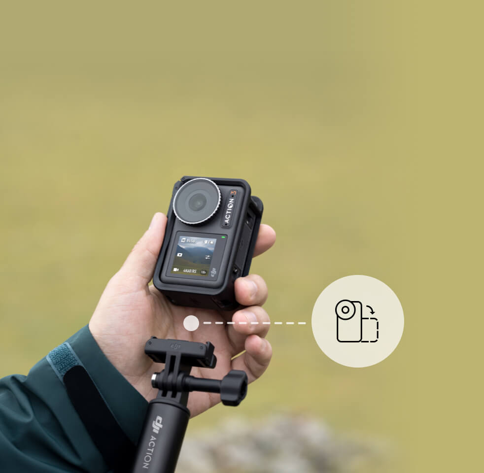 VMIDirect action camera held in hand displaying screen settings for outdoor photography