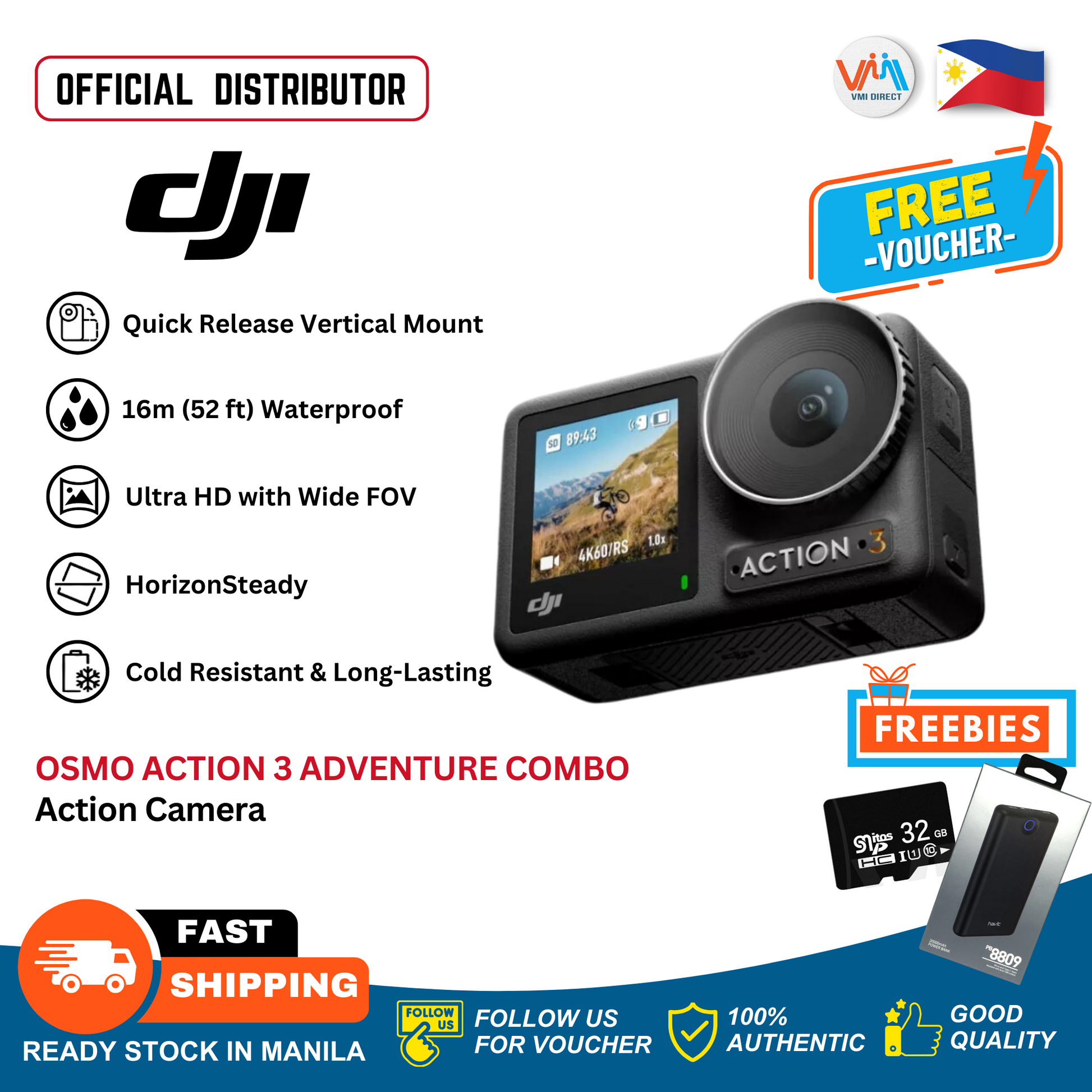 DJI Osmo Action 3 Adventure Combo with Quick Release Mount in Ultra HD, ideal for outdoor activities, action camera