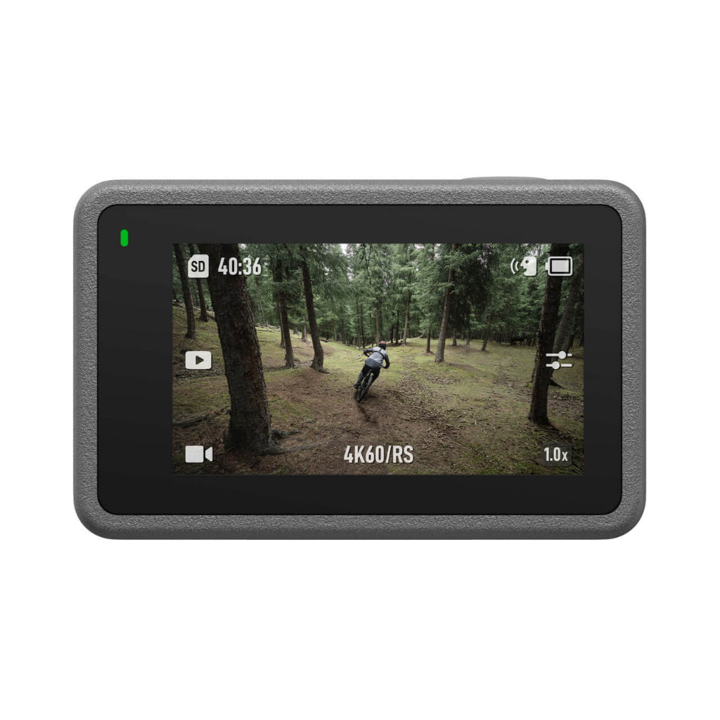 VMIDirect action camera displaying a biker riding through a forest with clear 4K video quality