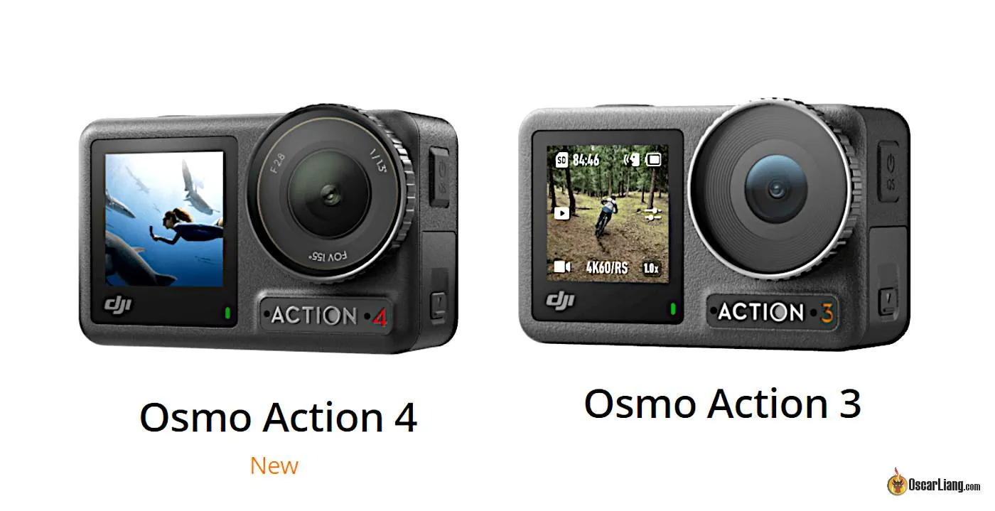 Osmo Action 4 and Action 3 action cameras displaying their screens and features