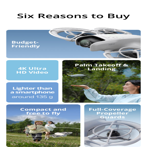 DJI Neo 4K Camera Drone showing compact design with full-coverage propeller guards and palm takeoff landing feature