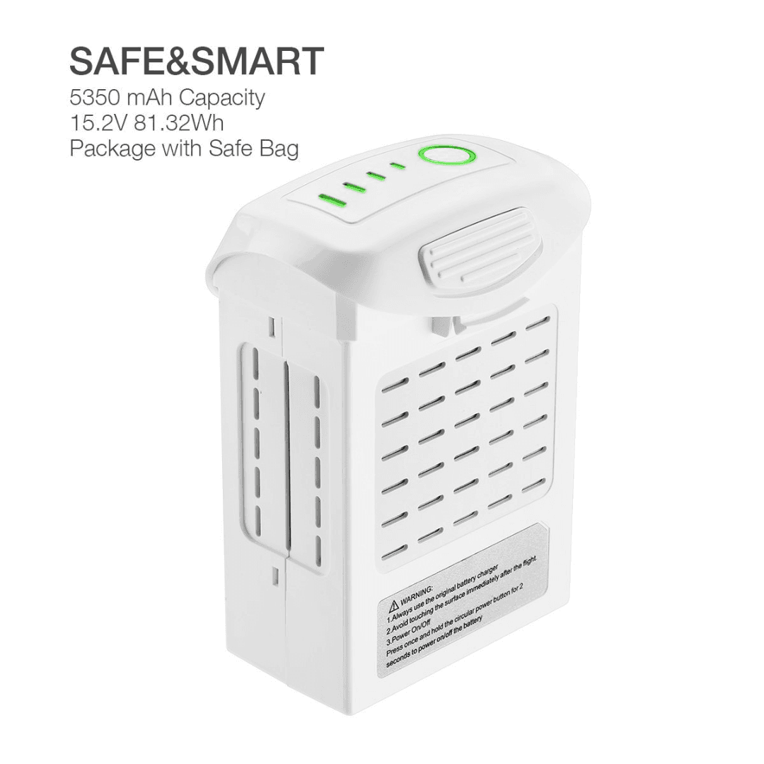 Flight Battery for Drones in white with indicator light and safety information labels