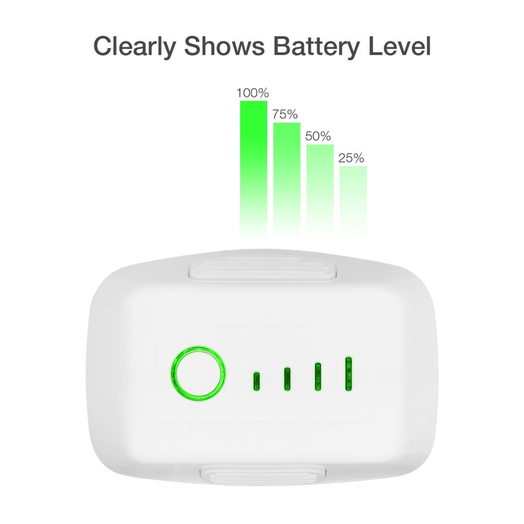 Flight Battery for Drones with LED indicators showing battery level at 100 percent, 75 percent, 50 percent, and 25 percent