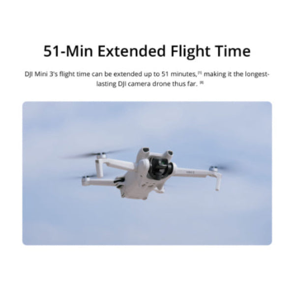 DJI Mini 3 drone with 4K camera flying in the sky showing its compact design and extended flight capabilities