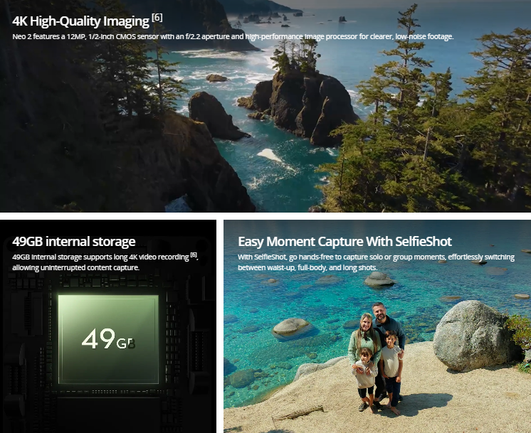 DJI Neo 2 4K camera drone showcasing high-quality imaging and features by a scenic coastline