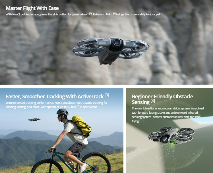 DJI Neo 2 4K camera drone flying above a mountain landscape with a cyclist below