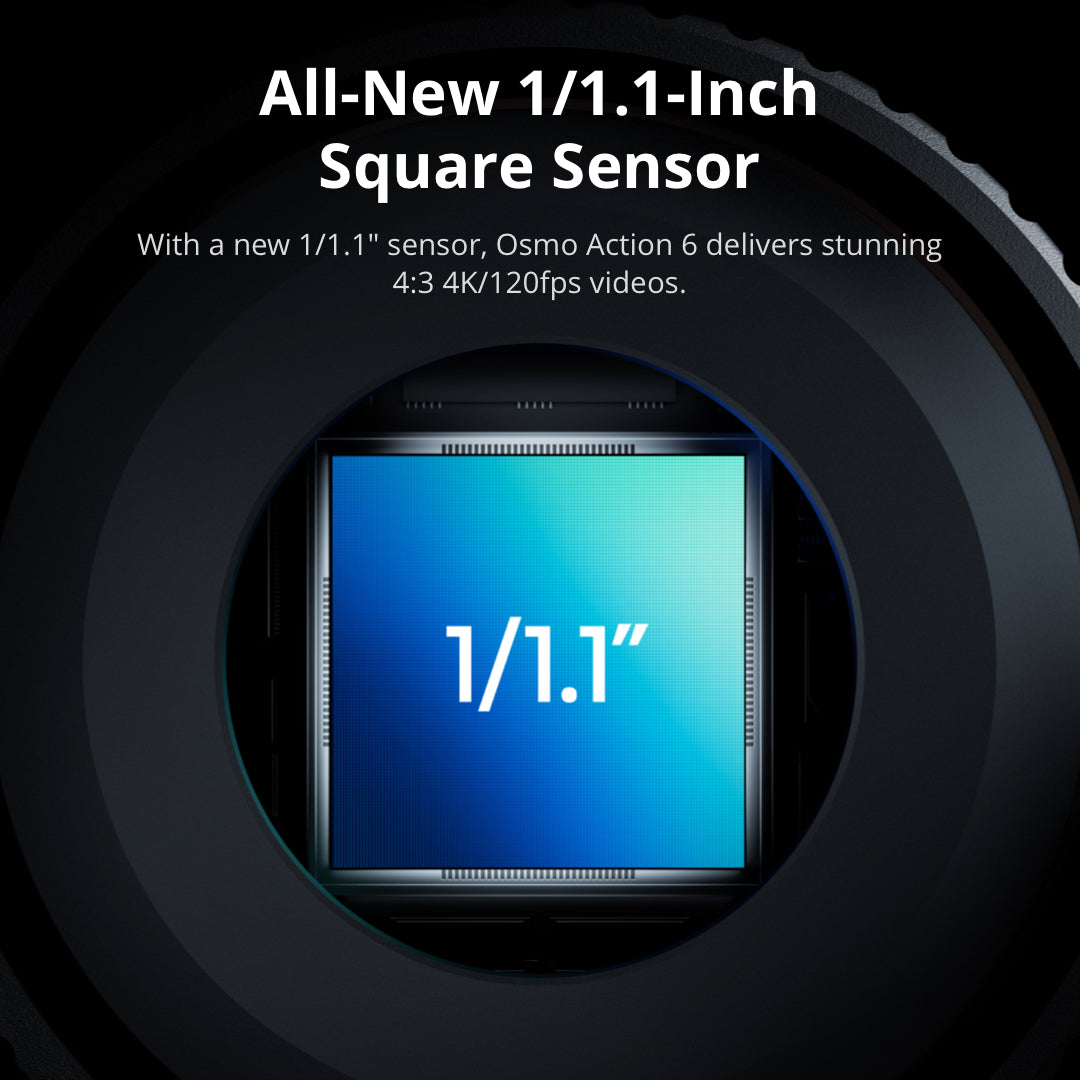 Close-up of DJI Osmo Action 6 camera's 1.1-inch square sensor for high-quality 4K videos