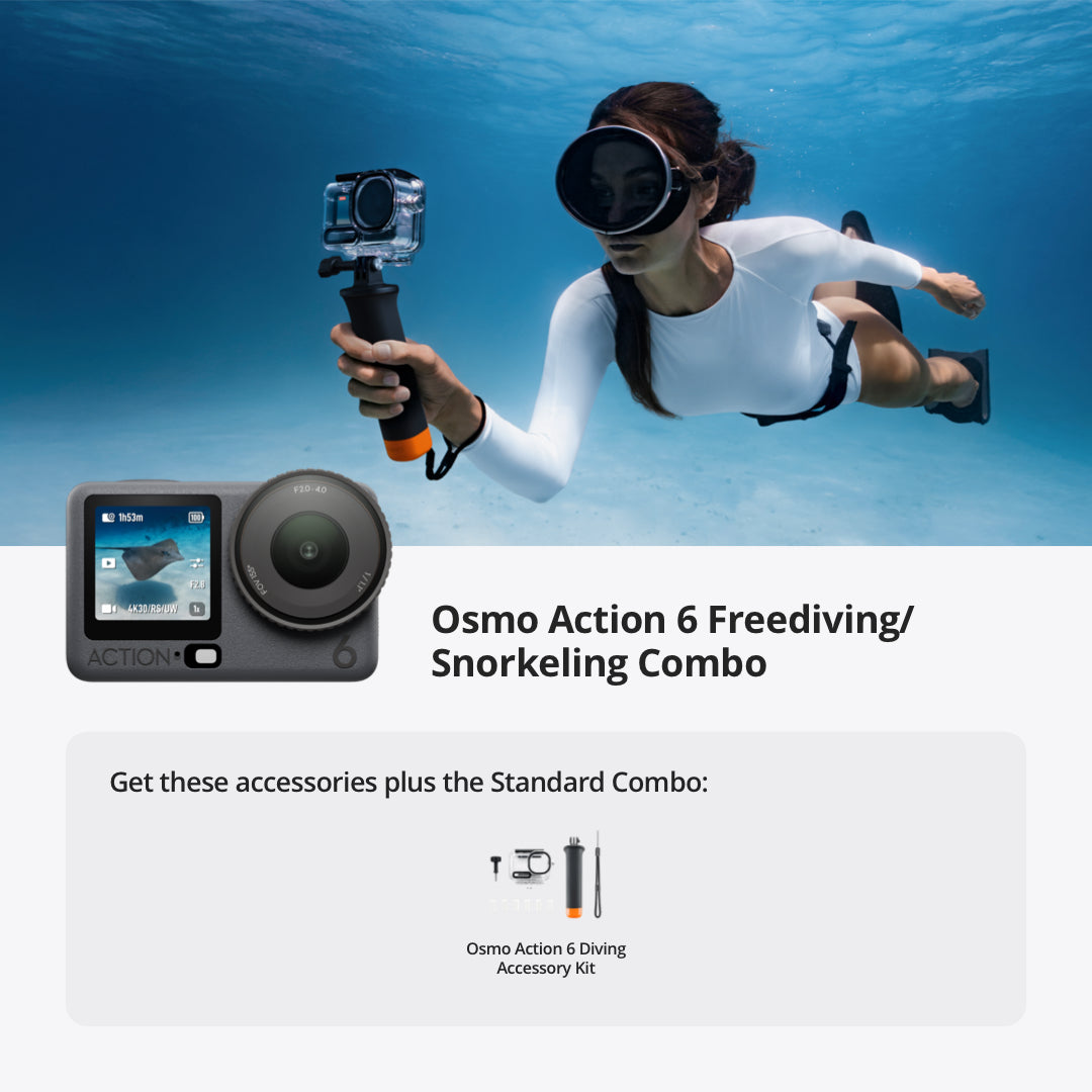 Person underwater using DJI Osmo Action 6 camera with snorkeling gear and accessories for adventure filming
