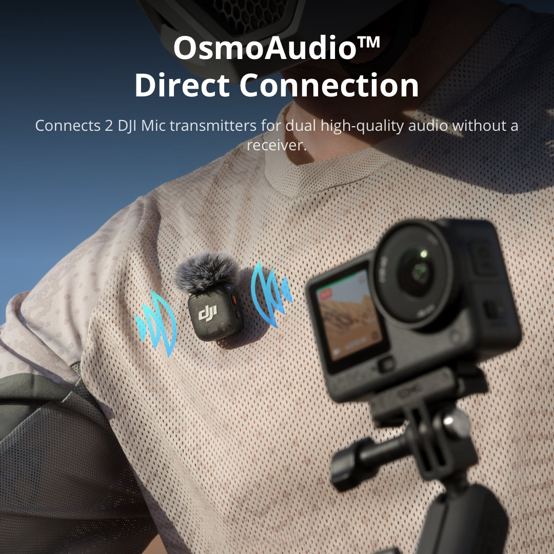 DJI Osmo Action 6 camera connected to a rider's shirt for high-quality audio recordings